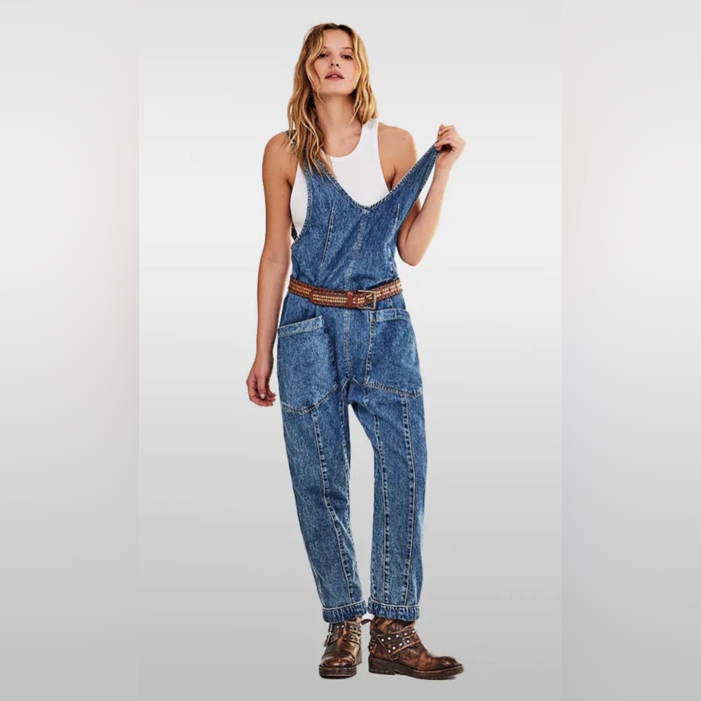 Free People Acid Wash Denim Overalls in Blue